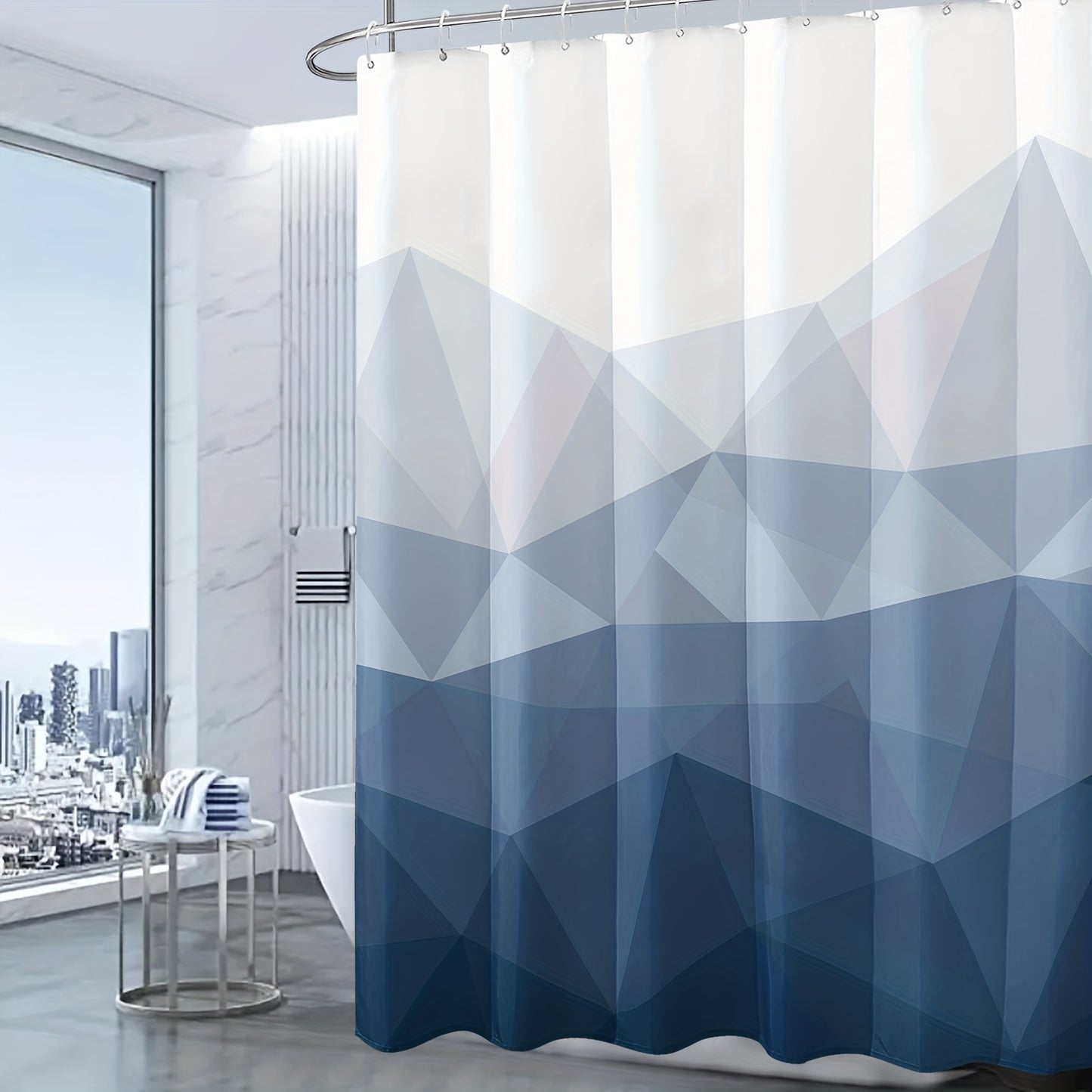 Blue gradient geometric pattern shower curtain with 12 hooks, made of waterproof polyester, suitable for home or hotel bathrooms. Machine washable and can also be used as a window curtain for bathroom décor.