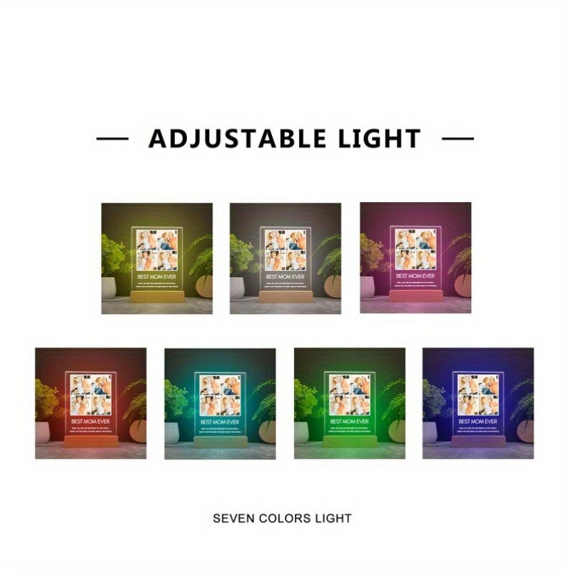 Illuminate memories with our Custom Acrylic Photo Collage Night Light! This personalized family picture frame LED display is the perfect gift for the Best Mom Ever. It doubles as a decorative illuminated keepsake featuring customizable text. Ideal for