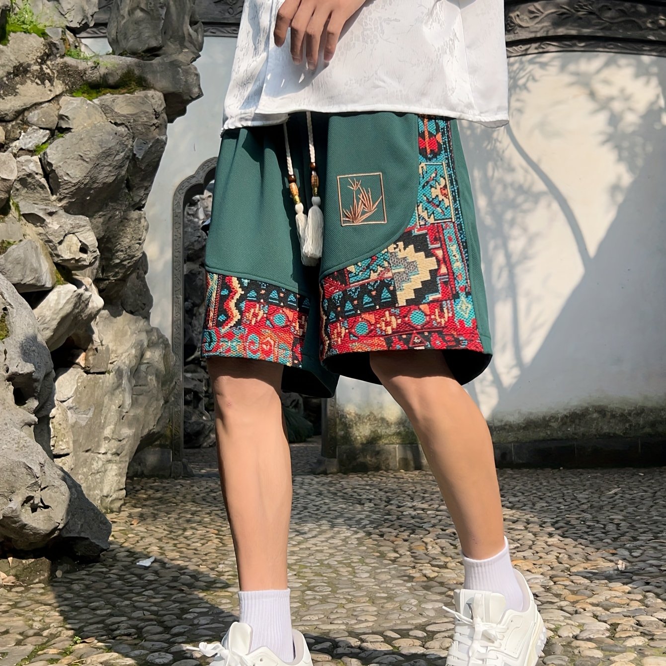 Men's Ethnic Embroidery Print Shorts with Pockets for Summer