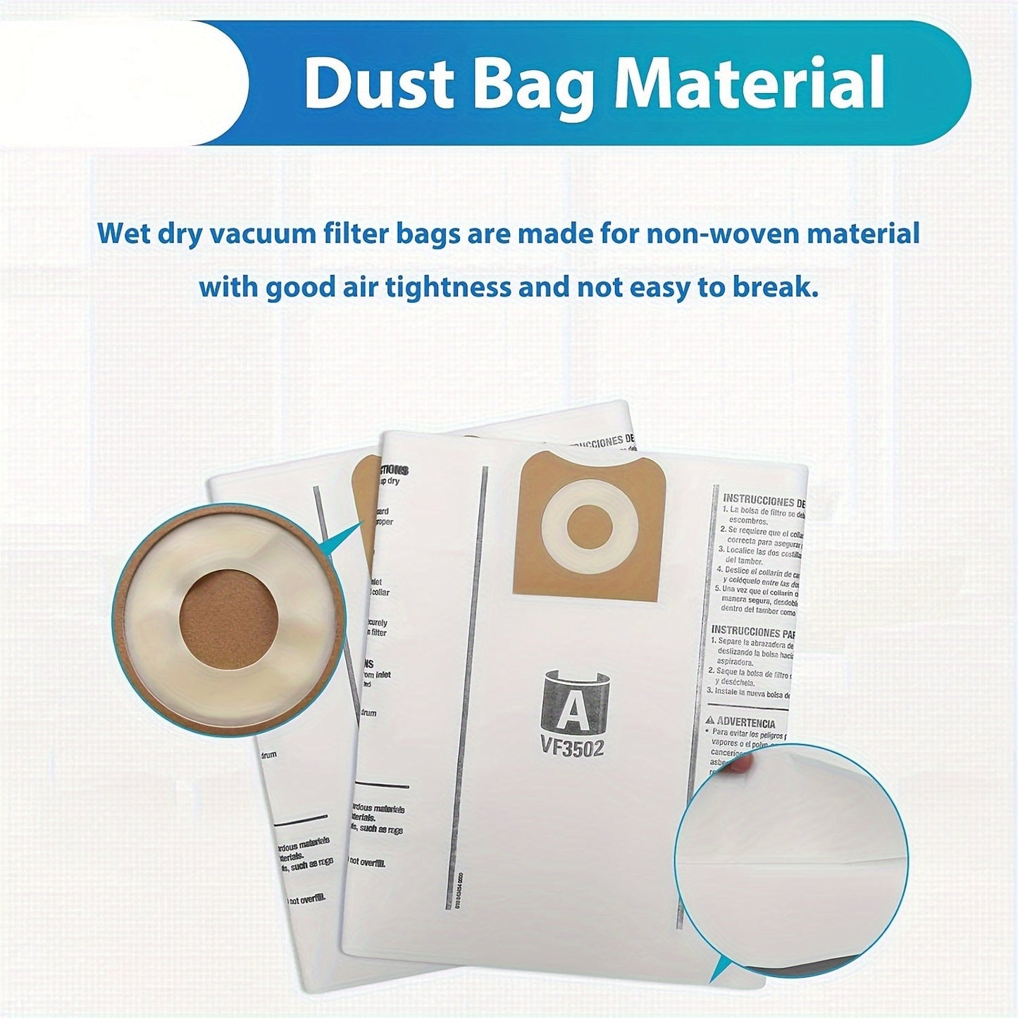 12 pieces of replacement 23743 VF3502 vacuum dust bags that are compatible with Ridgid Shop Vac models ranging from 45.42 to 60.57 liters. These high efficiency vacuum bags are designed to replace the dust collector PS12 for the following models: WD1950