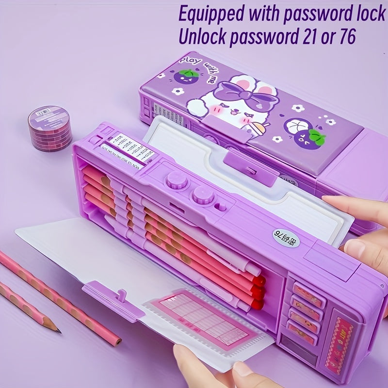 Purple pencil case with password lock, colorful compartments, and secure closure; ideal for girls on the go.