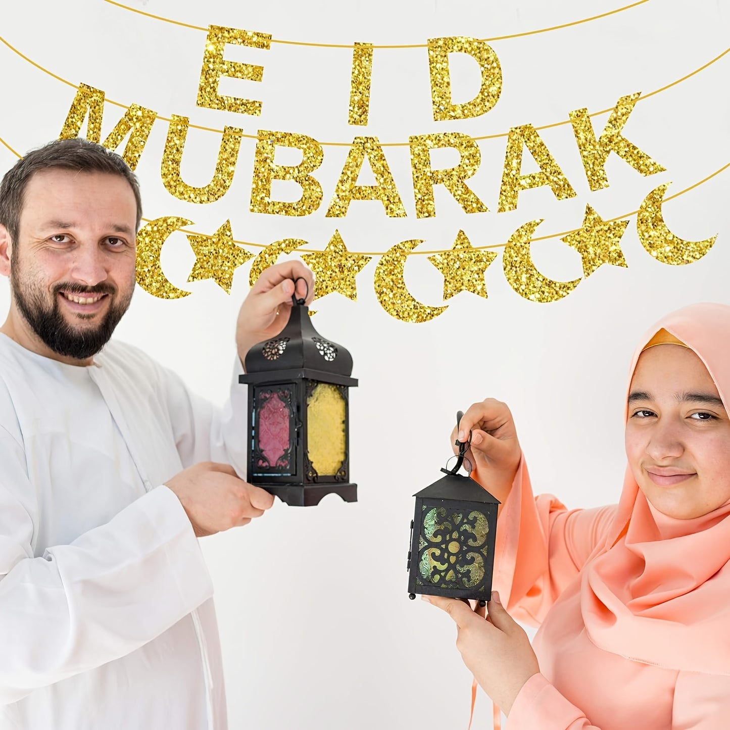 Set of Eid Al Fitr party supplies with moon and star theme, perfect for Muslim celebrations