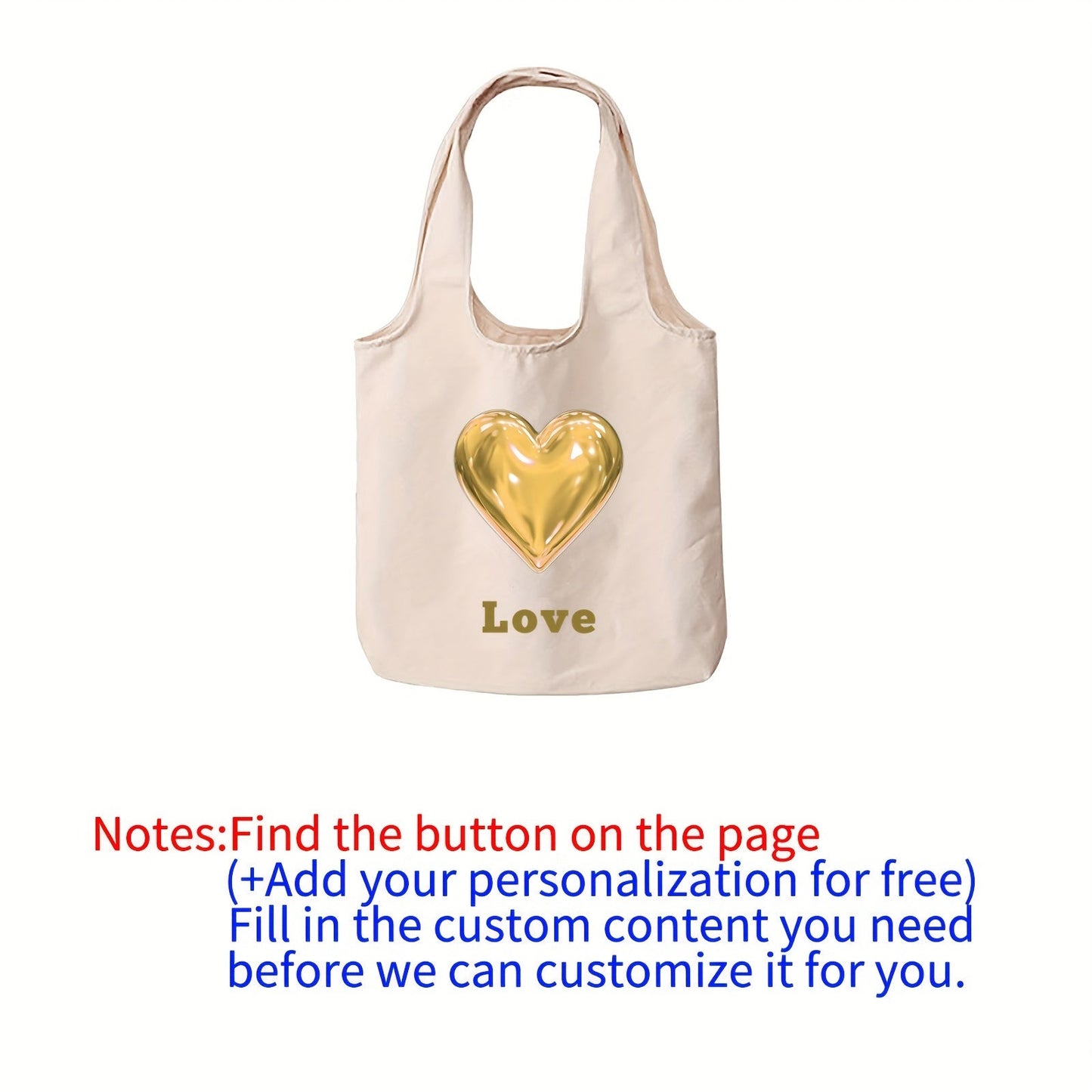 Customize your tote bag with custom text and a heart pattern. Available in sets of 1, 3, or 9 pieces, this personalized canvas bag can be printed on both sides. Perfect for daily commutes, outdoor picnics, parties, traveling, and shopping.