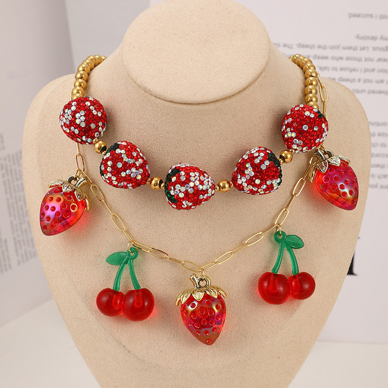 Y2K-Inspired Elegant Resin Strawberry & Cherry Pendant Necklace with Vibrant Red and Golden Accents - Great for Ladies & Sisters, Perfect for Parties & Festive Events