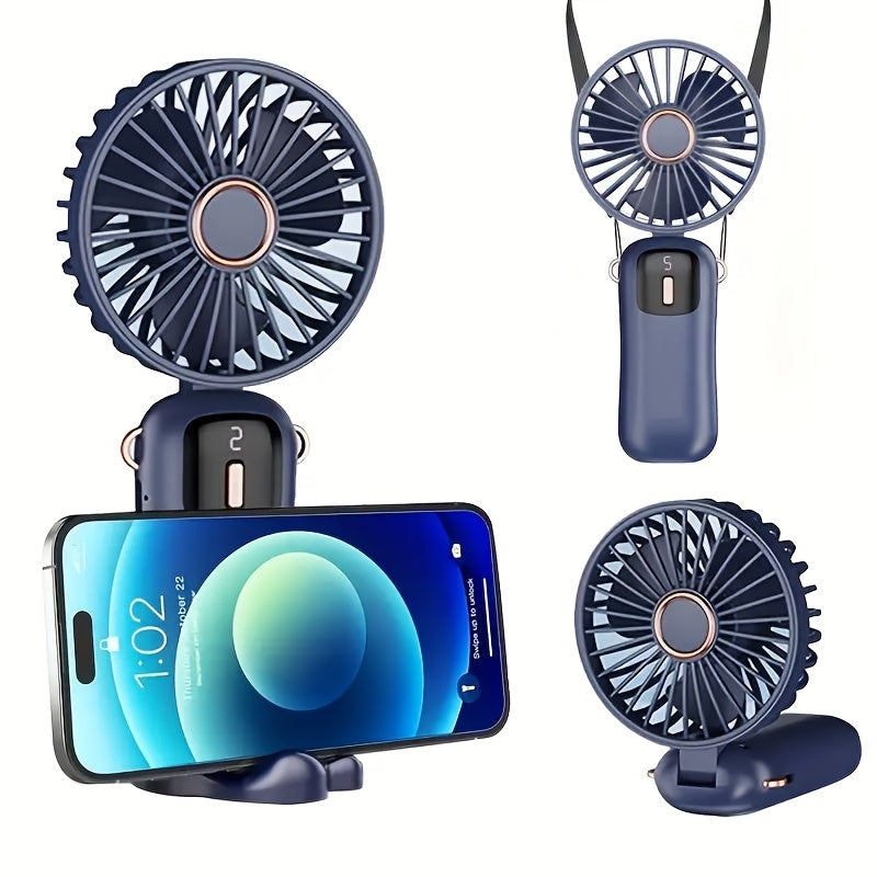 Portable Handheld Fan with LED Display and USB Rechargeable Mini Folding Neck Fan - High-Speed Desktop Stand Fan for Office, Dorm, Outdoor Travel, and Camping. Features Polished Plastic Finish, Remote Control, Suitable for Indoor and Outdoor Use.