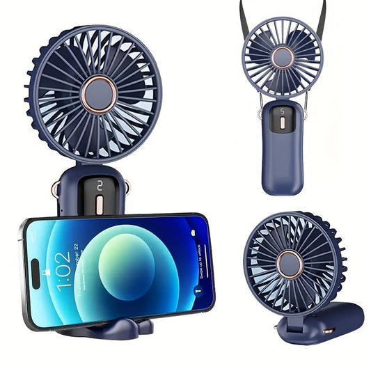 Portable Handheld Fan with LED Display and USB Rechargeable Mini Folding Neck Fan - High-Speed Desktop Stand Fan for Office, Dorm, Outdoor Travel, and Camping. Features Polished Plastic Finish, Remote Control, Suitable for Indoor and Outdoor Use.