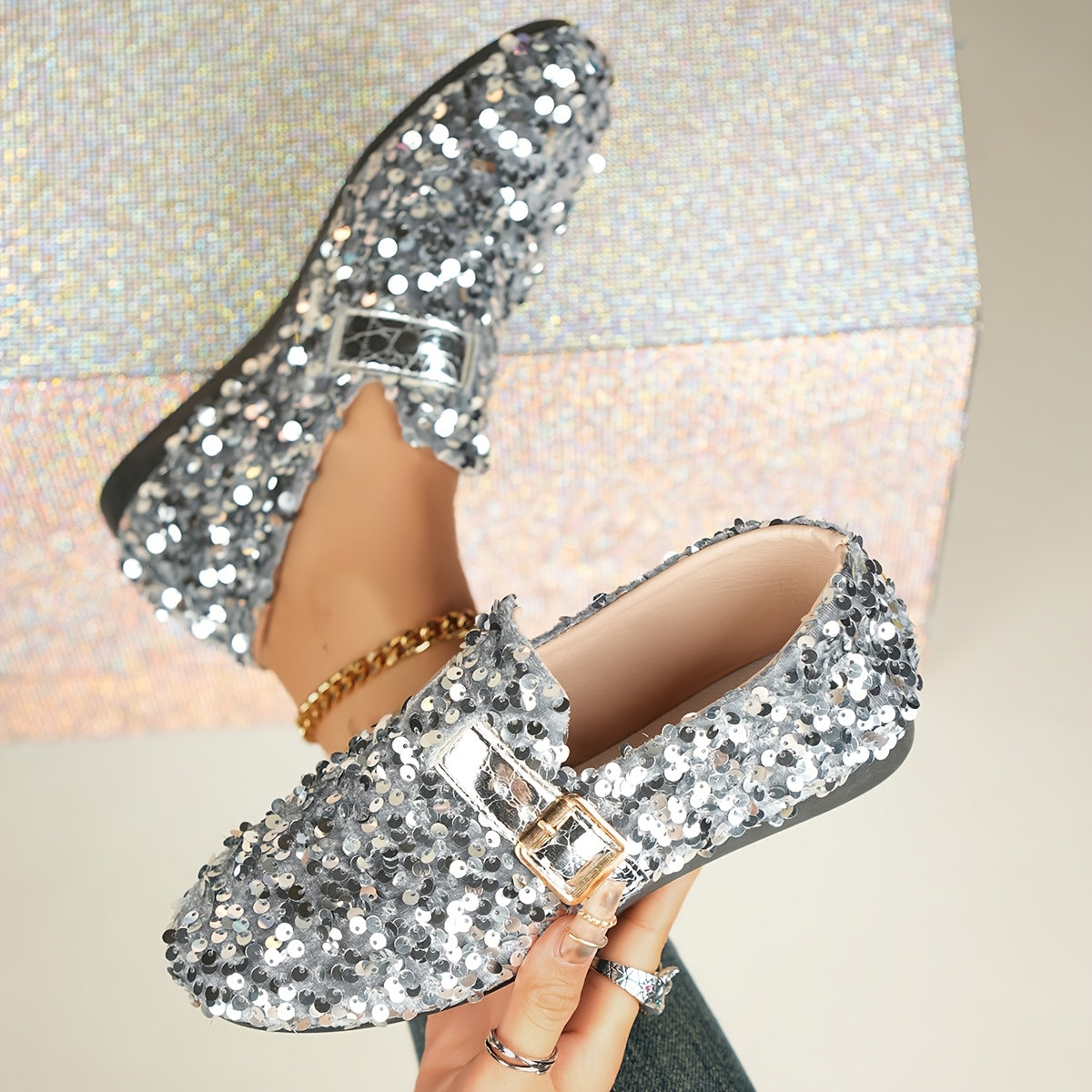 Women's sequin embellished Mary Jane flats with casual round toe slip-on design, all-season comfort, man-made upper & inner, rubber sole, fabric insole, perfect for carnival, Mardi Gras