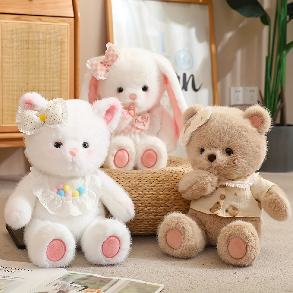 Soft and calming Fox, Bear, and White Cat plush dolls ideal for home decor or as a thoughtful gift.