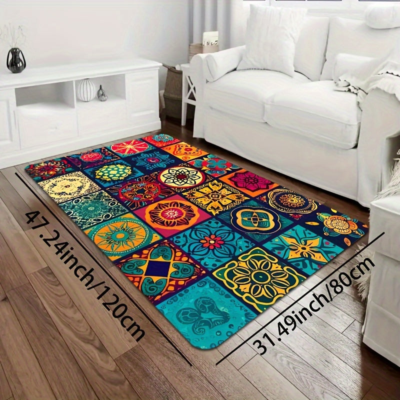 1pc Bohemian Square Floor Mat, Non-Slip, 8mm Thick, Machine Washable Polyester - Ideal for Various Indoor and Outdoor Spaces