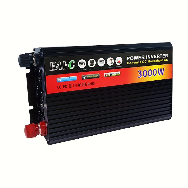 3000W Portable Inverter converts DC 12V to AC 220V for use in vehicles.