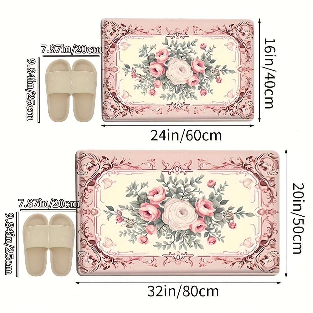 French Country Floral Mat - This decorative absorbent mat is perfect for kitchen, bath, and living room use. The machine washable rug features a non-slip PVC backing and is made from polyester. The woven 600gsm rectangle mat is ideal for entryways and