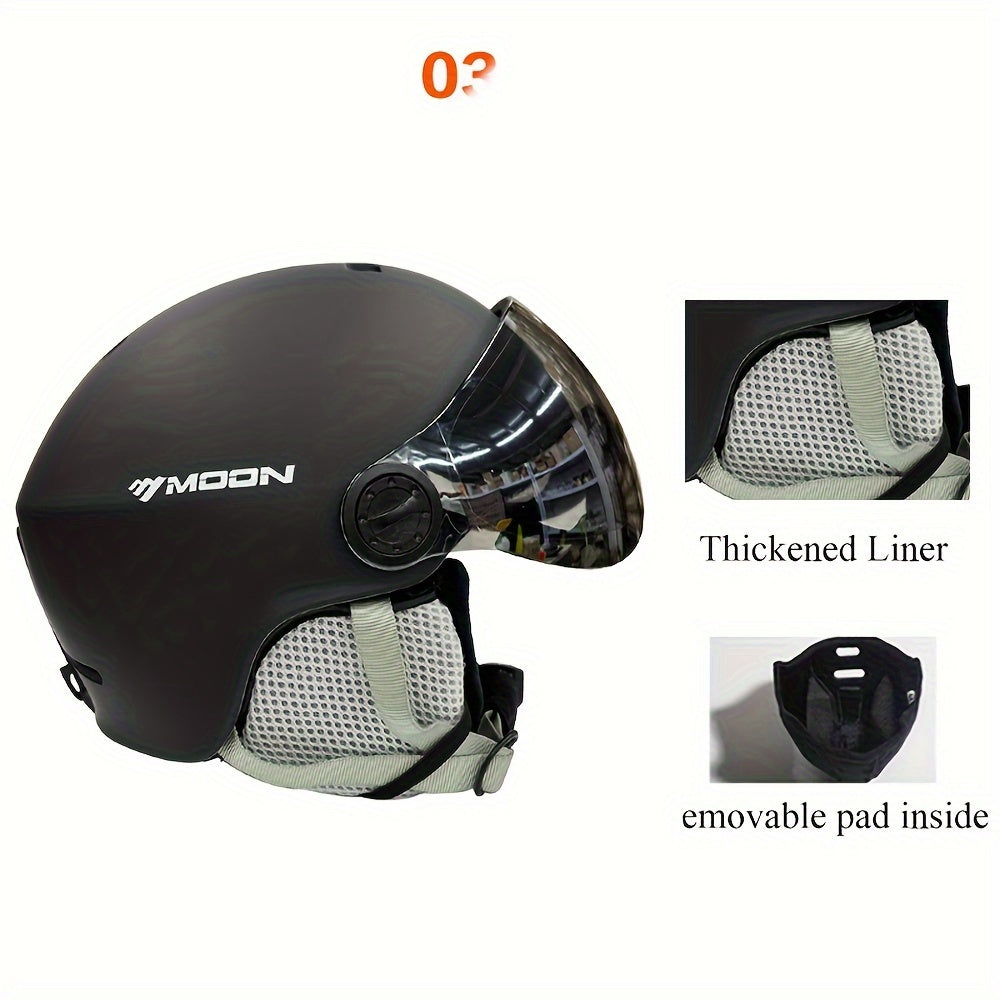 Moon Ski Helmet with Goggles offers all-around protection for outdoor sports like snowboarding and skateboarding. Features include a PC+EPS construction, universal fit, integrated visor