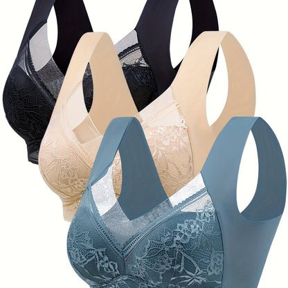 Set of 3 beautiful lace-wrapped wireless bras with fixed cups for breast support and seamless vest style.