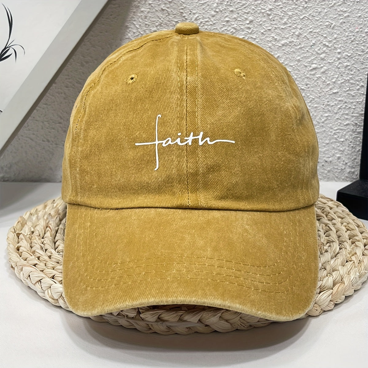 Vintage style denim baseball cap with faith embroidery, alphabet pattern, and adjustable fit for casual streetwear.