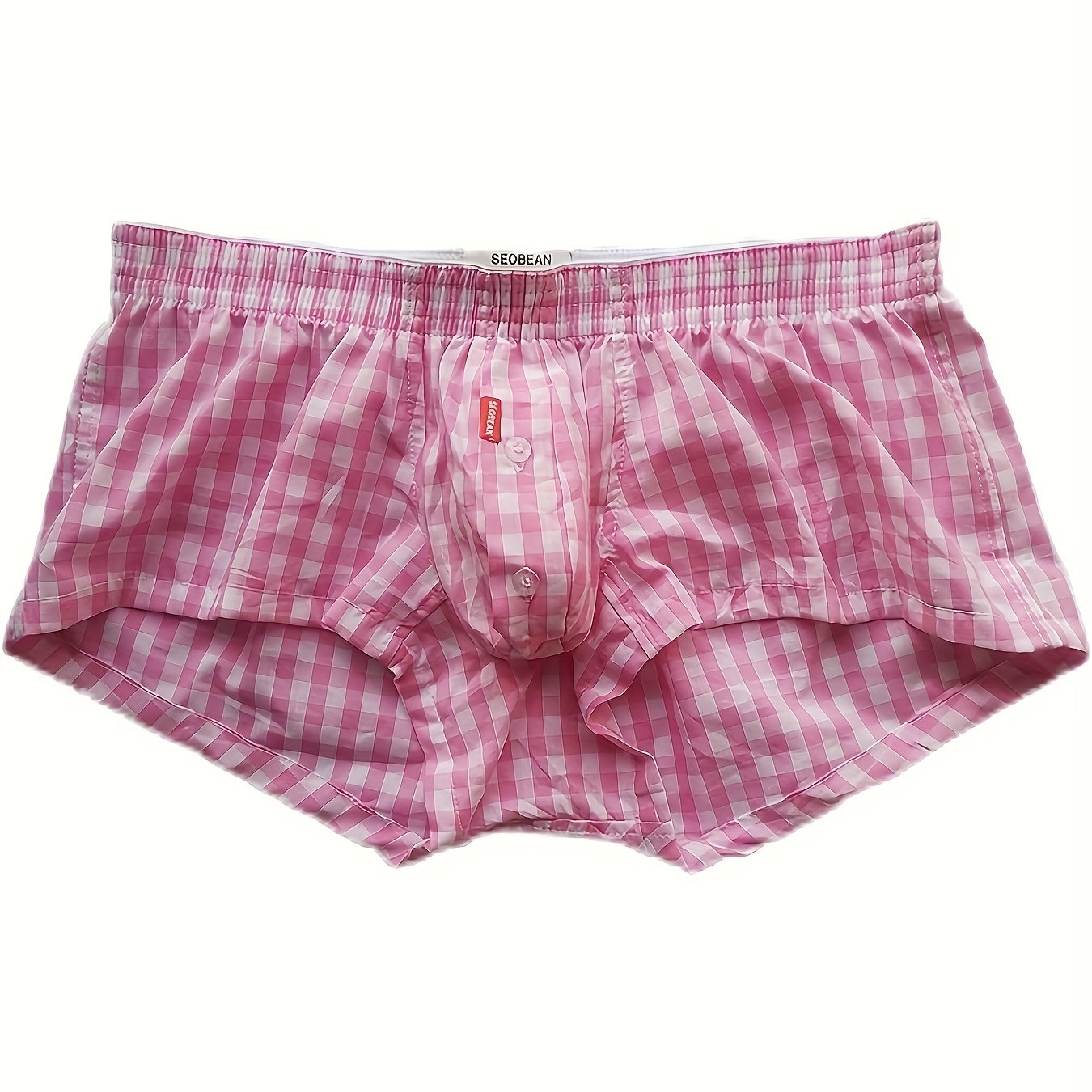 Men's flat corner underpants with front button opening, made of thin pure cotton, low waist sexy plaid shorts.