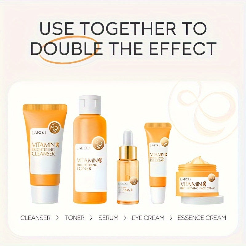 LAIKOU Vitamin C Skincare Set includes 5 items: a facial cleanser, brightening toner, essence, eye cream, and cream.