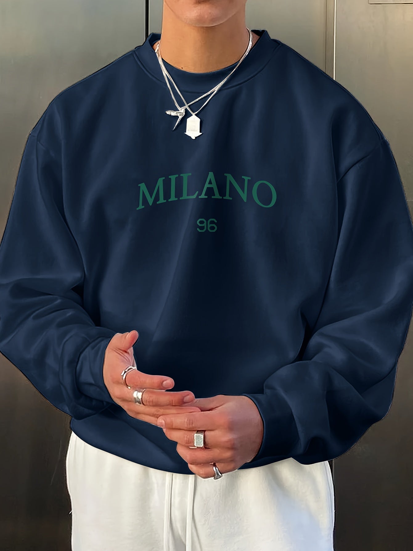 Milan 96 Graphic Crew Neck Sweatshirt for Men: Lightweight polyester blend, perfect for Spring/Summer, machine washable.