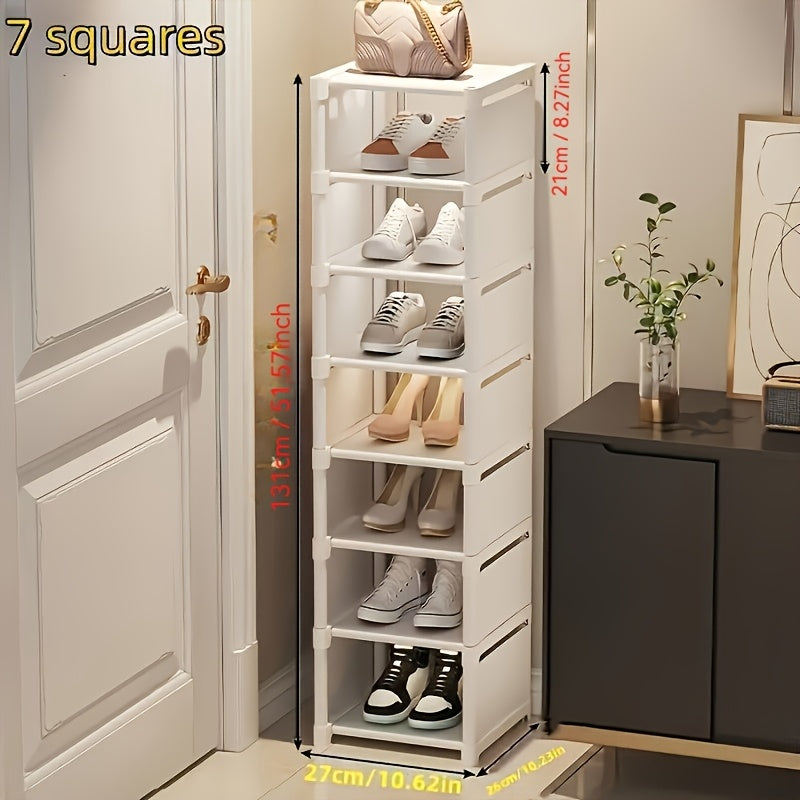 Slim shoe rack organizer with 7 tiers, made of metal and plastic, freestanding design with dust cover. Offers large capacity storage for 4-7 pairs of shoes and boots. Perfect for entryways, closets, homes, and dorms.