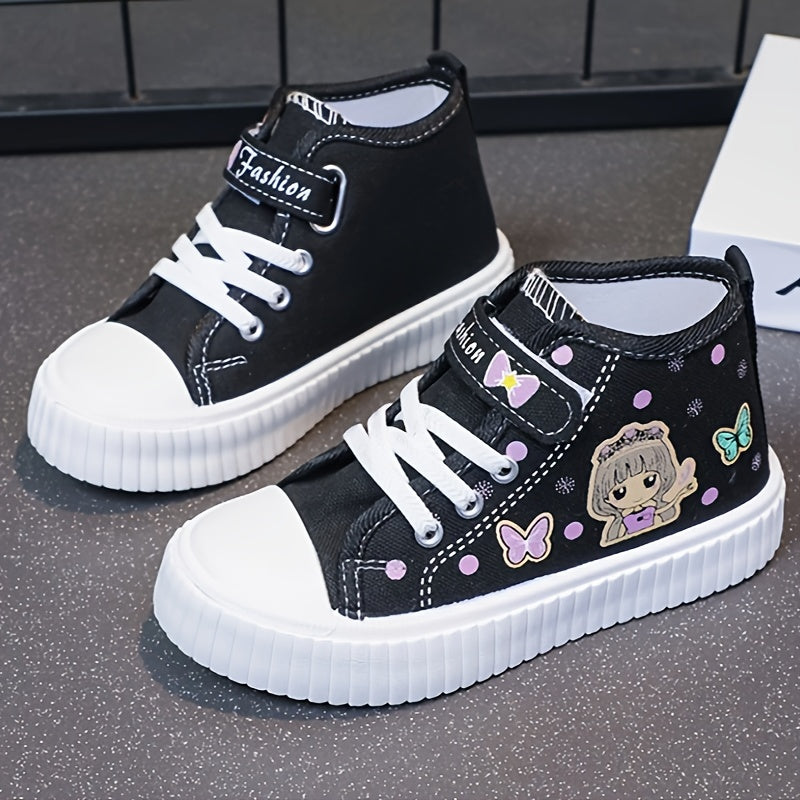 Cute high-top canvas shoes for girls featuring cartoon character, durable sole, and breathable design - perfect for everyday wear in spring and autumn.