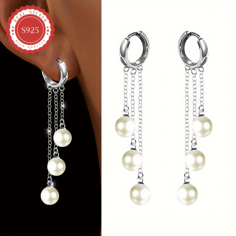 Women's Fashion Drape Earrings with Tassel Line and Multi-shell Bead Inlay, made of S925 Silver weighing 3.6g. Perfect for Christmas gift, wedding banquet, or as luxury elegant accessories. Comes in a gift box and is hypoallergenic.