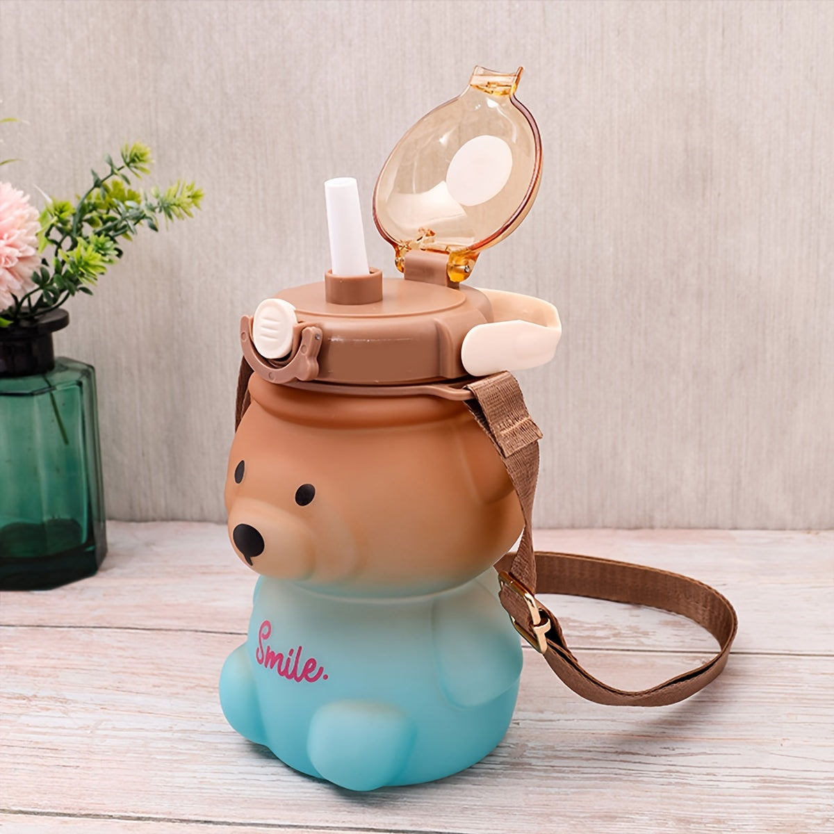 1000ml Transparent Bear Water Bottle with Straws, Backpack, and Handle; Hand wash only, PC Material, Leak-proof, PVC-free.