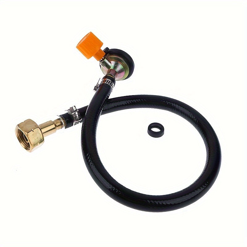 Leak-proof copper gas refill adapter for outdoor camping stove, with rubber pipe and cylinder converter.