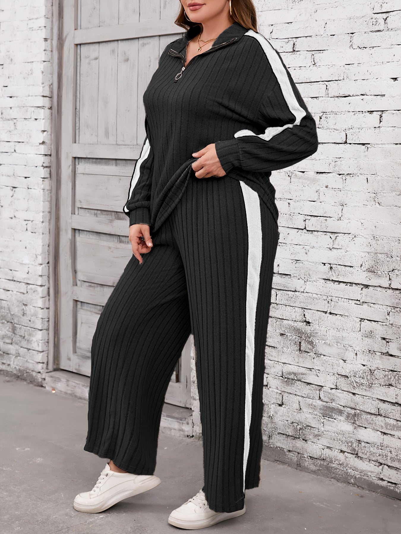 Color block pants set with long sleeve top and pants for fall, plus size women's clothing.