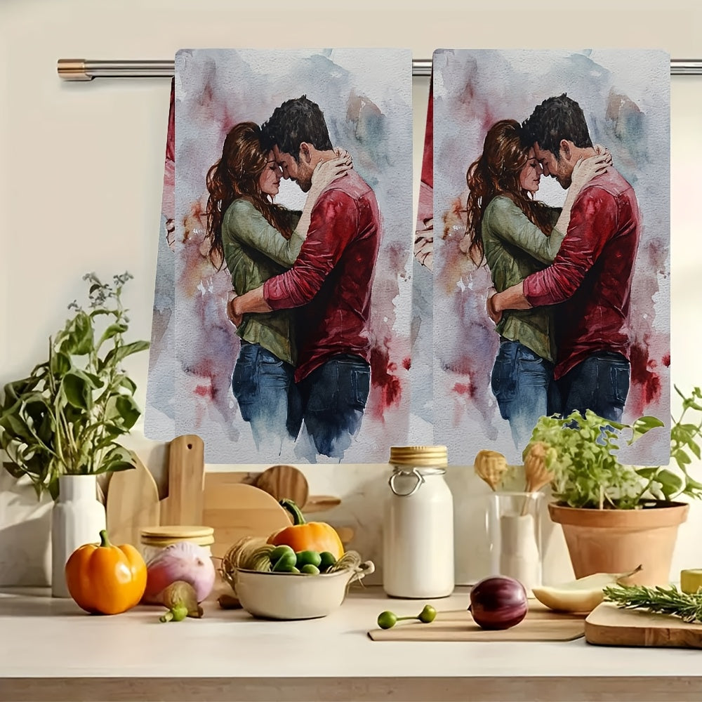 Set of 2 Romantic Embrace Kitchen Towels - Luxuriously Soft, Super Absorbent Polyester Hand Towels for Dishes, Easy to Clean, 40.64x60.96 cm - Perfect for Valentine's Day or Daily Kitchen Use