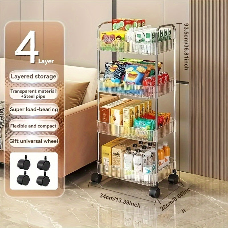 Acrylic rolling storage cart with 3/4 layers, transparent design, 360° rotating wheels, ideal for bedrooms, bathrooms, and kitchens.