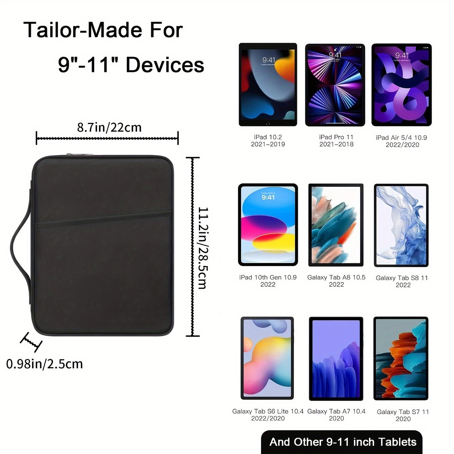 Waterproof tablet sleeve case with handle and front pocket made of durable polyester. Compatible with various tablets such as iPad, Kindle, Samsung Galaxy, and Android tablets. Available in