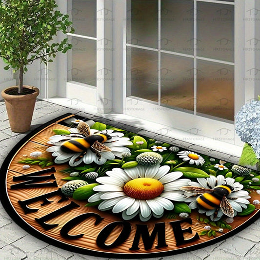 1 Flower and Bee themed semicircular rug made of polyester with non-slip mat suitable for indoor/outdoor use, ideal for various rooms and outdoor spaces for decoration.