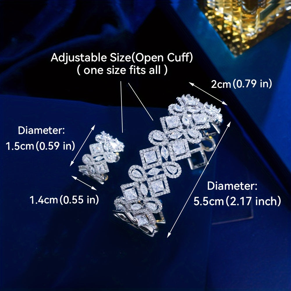 Elegant Square Zirconia Bangle and Ring Set for Women, Perfect for Bridal Wedding and Vintage Evening Parties