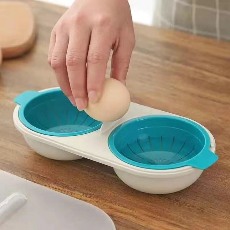 Get perfectly cooked eggs with this 1pc Dual Chamber Microwave Safe Egg Poacher, a non-stick plastic kitchen gadget that is safe for food contact.