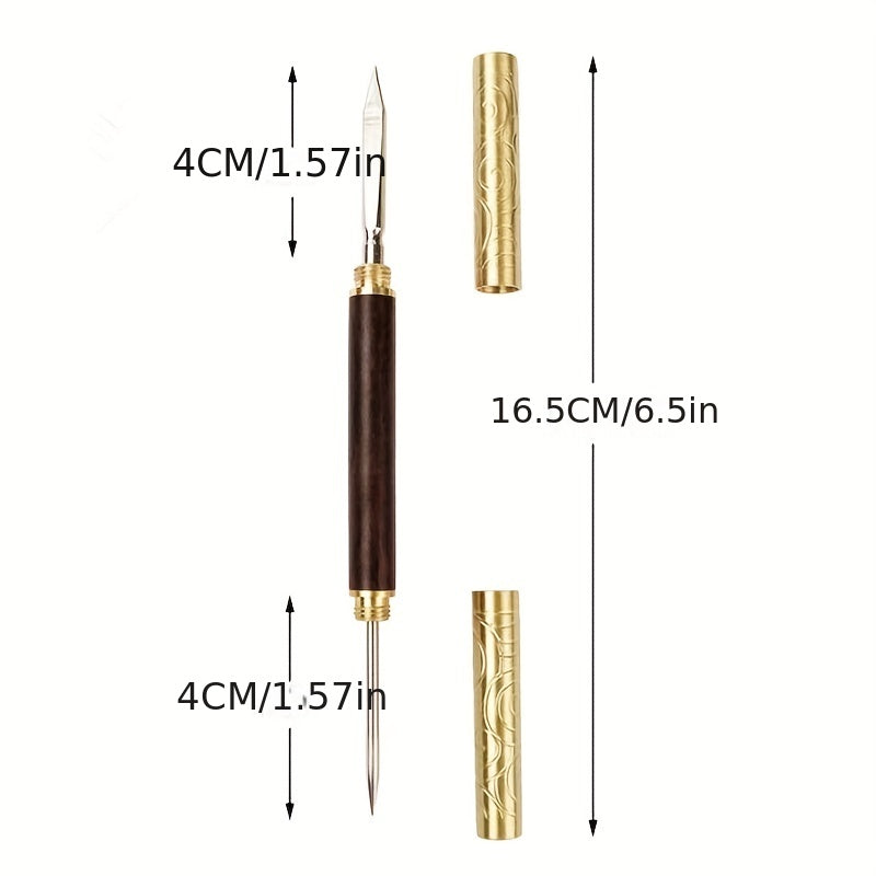 Sandalwood and Rosewood Double-headed Ruyi Tea Knife with Golden Hoop and Warping Tea Knife, Sandalwood Tea Needle