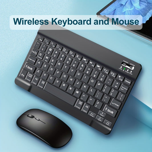 Portable mini wireless keyboard and mouse combo with slim design, rechargeable lithium-polymer battery, and compatibility with various devices. Features optical movement detection, silent