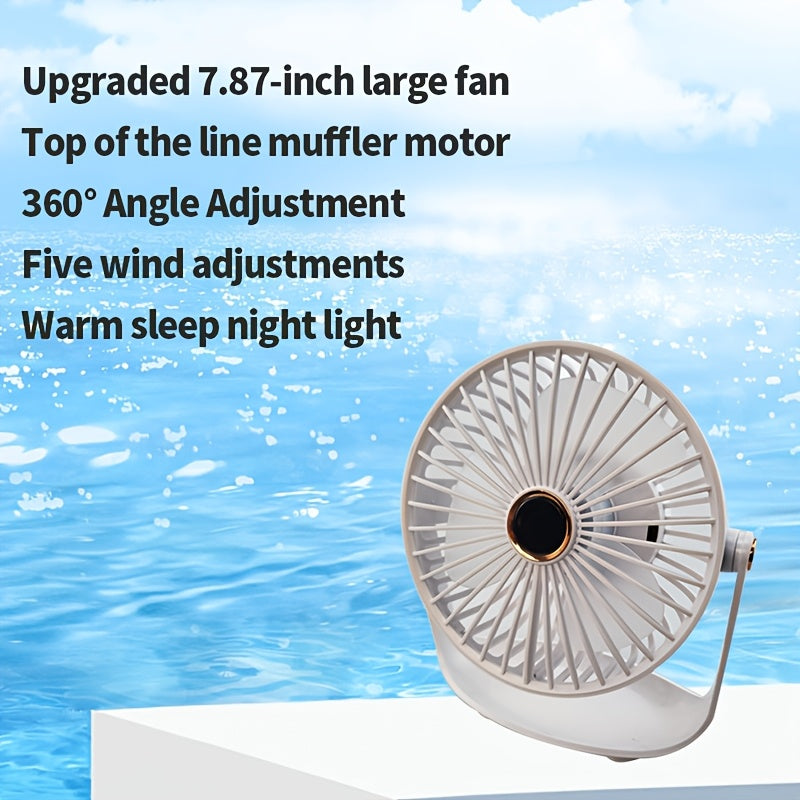 The Jkuoo Portable Desktop Fan is equipped with a 360° rotation feature for maximum coverage. Its quiet brushless motor ensures peaceful operation, while the 5-speed adjustable settings allow for personalized comfort. The fan also includes a convenient