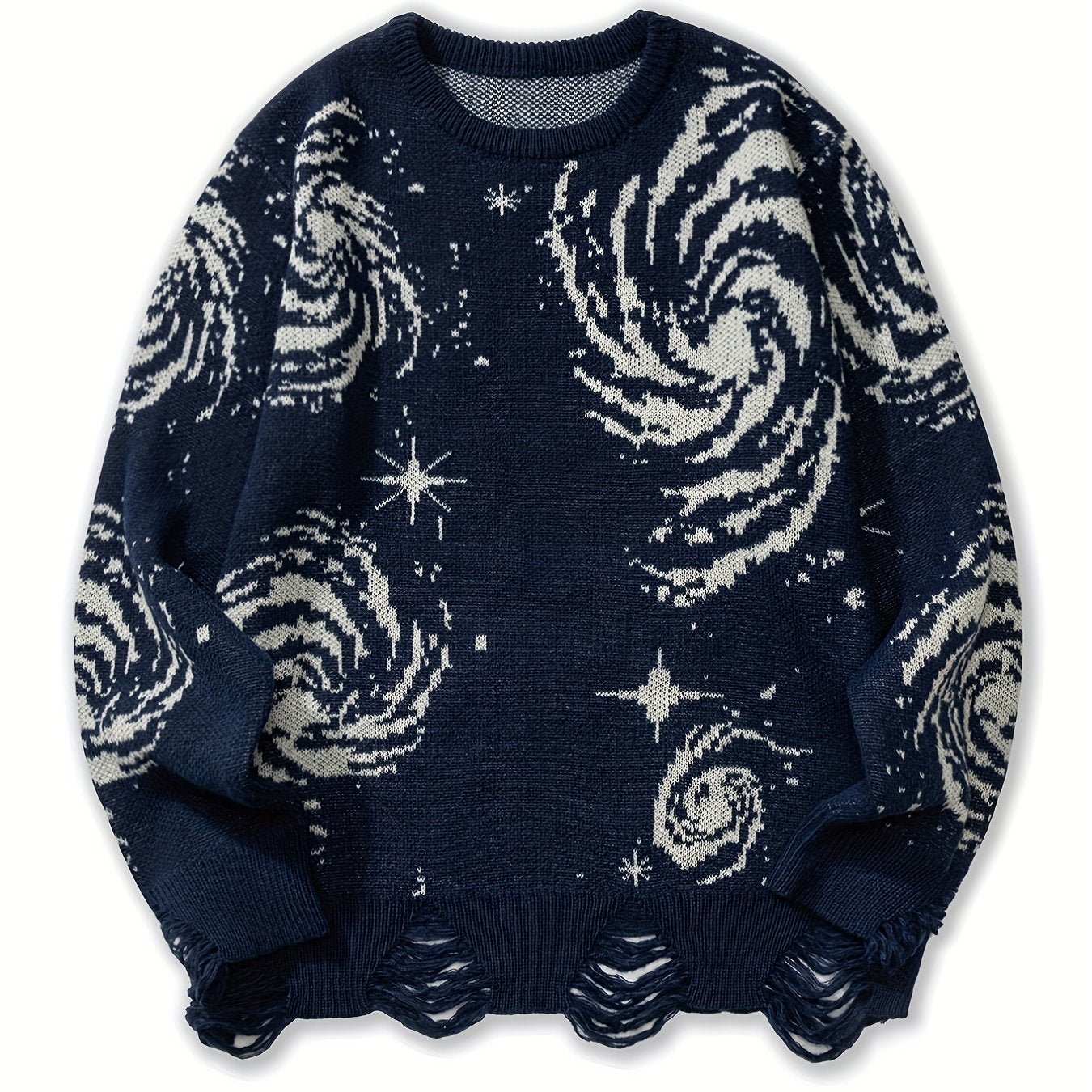 Men's novelty starry graphic print sweater, stylish knit pullover for males in plus size.