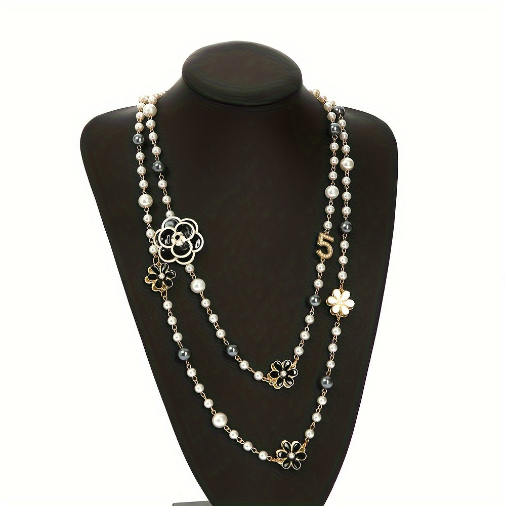 Long French Court Style Sweater Chain with Korean Style Flower Beads, Faux Pearl, Double Layer Pendant Necklace featuring Number 5 - Unique Jewelry Piece