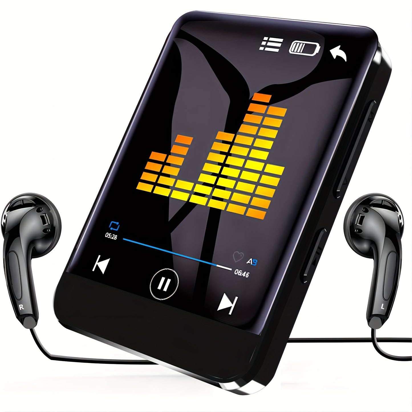 Portable MP3 player with 64GB storage, full touch screen, HD speaker, FM radio, voice recorder; sleek design for travel, sports, and video playback.