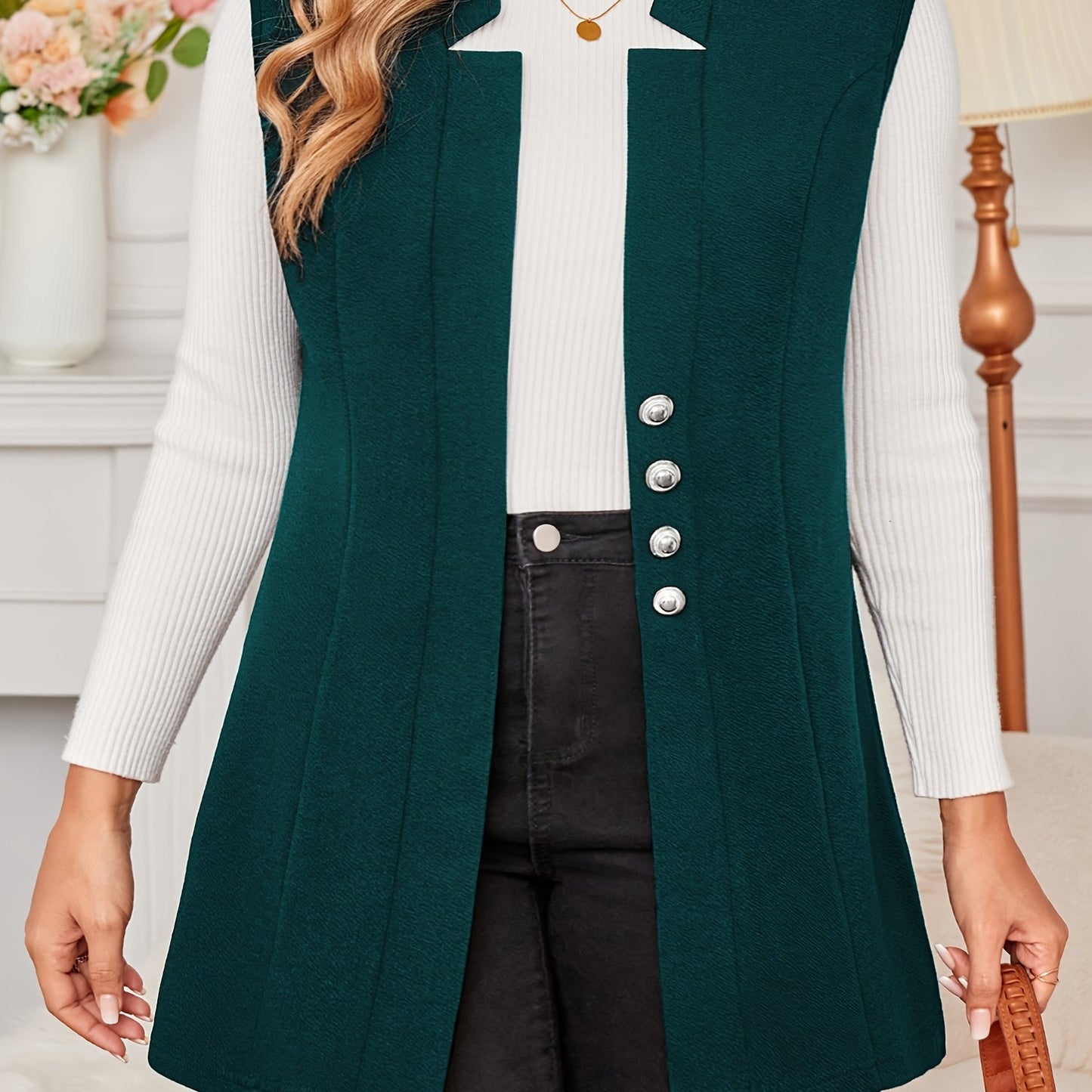 Plus Size V-Neck Lapel Vest - Solid Color Sleeveless Blazer with Button Detail