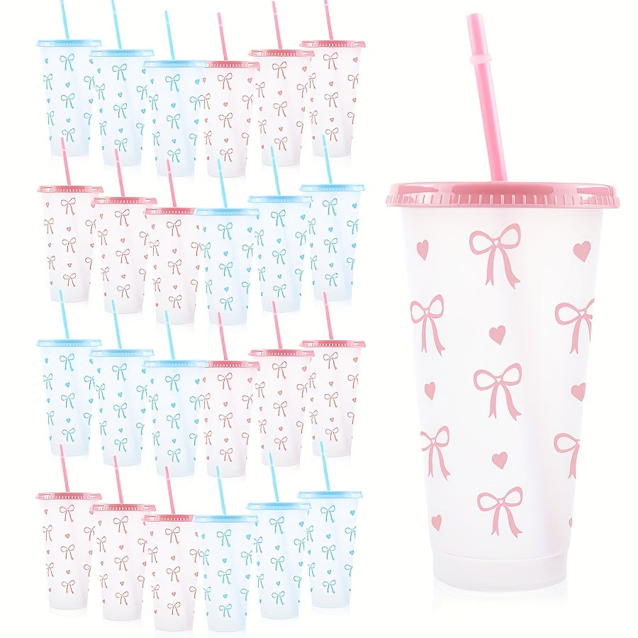 BPA-Free plastic water cups with lids and straws in heart and bow print. Leak-proof and reusable for outdoor events. Great for gifts on special occasions.