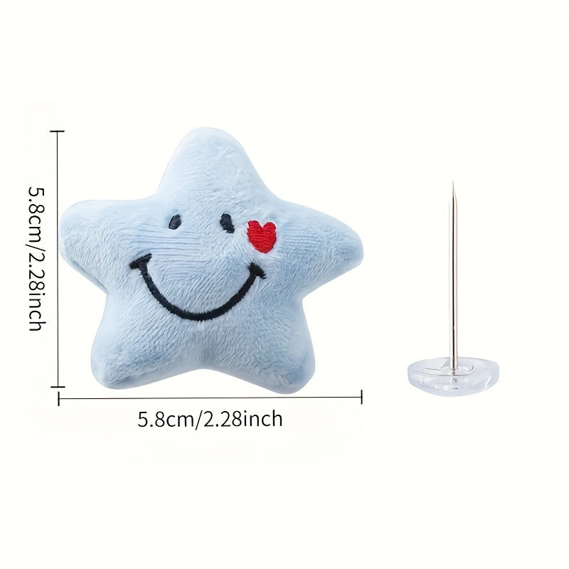 Set of 4 adorable star-shaped quilt and bed skirt fixators made of practical nylon. These anti-run corner holders feature smiling faces and hearts in blue, ensuring secure bedding with their soft plush design.