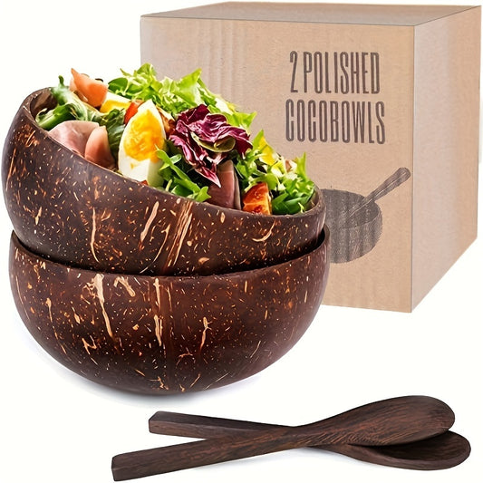 Set of 2 natural coconut bowls for salads, noodles, yogurt, and cereal. Ideal for home and restaurant use.