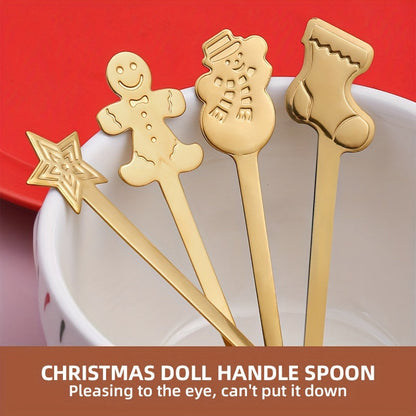 Set of 4 Christmas-themed stainless steel spoons, perfect for stirring, coffee, tea, and dessert. Comes in a festive Christmas gift box, great for party table decoration. Ideal for use during Christmas, in the kitchen, or in restaurants. Also suitable