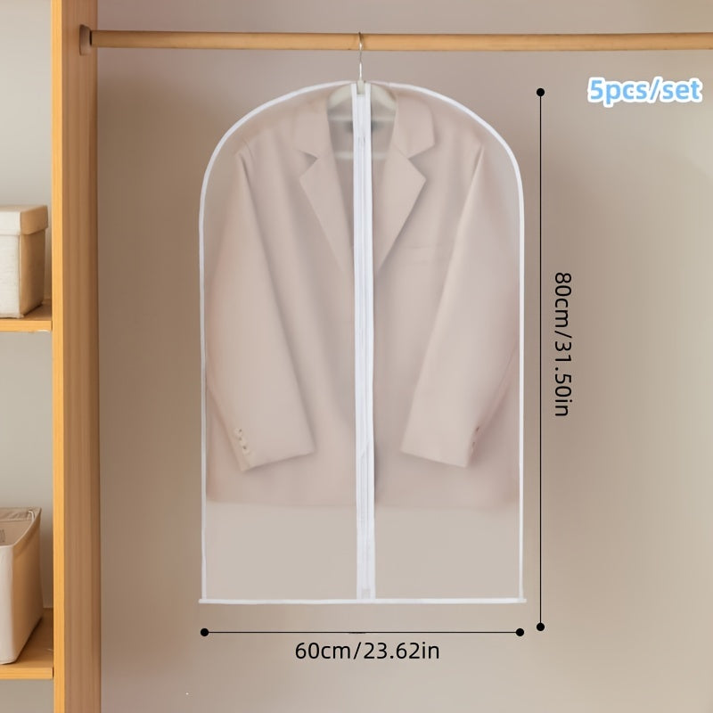 5 transparent garment dust covers for hanging clothes protection, washable and moisture-proof. Ideal for suits, dresses, and more. Visible storage solution for wardrobe organization.