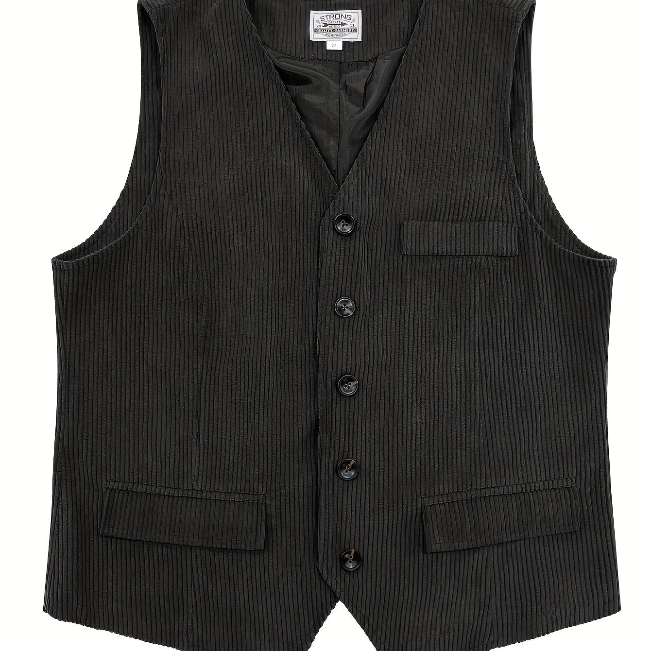 Men's plus size navy blue corduroy vest with retro British style, pocket detail, single-breasted design, and thickened material for casual attire.