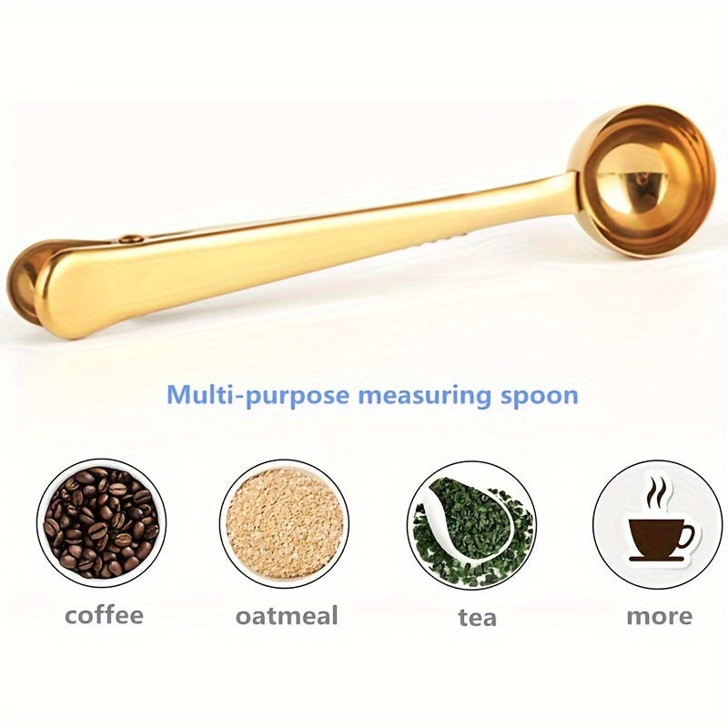 Clip-on measuring spoon set made of stainless steel, including spoons for coffee, milk powder, and sealing food bags.