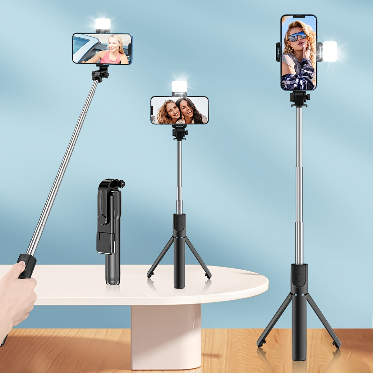 Universal selfie stick with tripod, wireless remote, ring light, built-in battery for live streaming and recording videos.