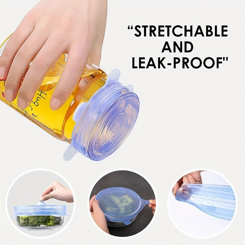 A set of 6/12 smile-shaped elastic lids made from food-grade material. These retractable bowl lids are reusable and perfect for storing fruits, vegetables, and other food items. They are dishwasher safe and can be used as multi-purpose crisper lids for