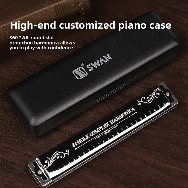 SWAN Harmonica: Beginner & Adult 24/28 Hole Performance-Grade Metal Harmonica, C Scale with Case, White Polished Finish